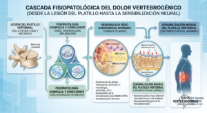 Cascada fisiopatológica del dolor vertebrogénico: daño del platillo, inflamación y señal del nervio basivertebral.
